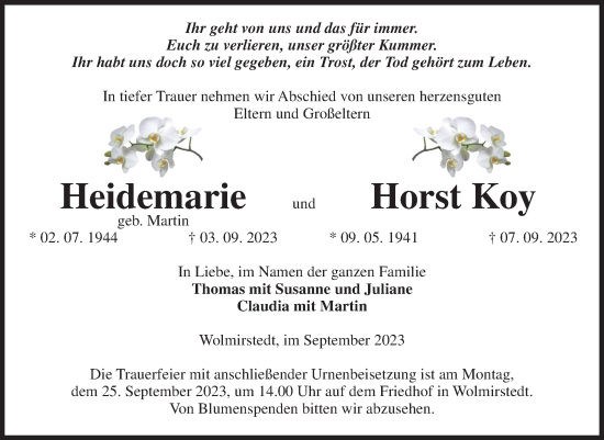 Traueranzeige von Heidemarie und Horst Koy von Volksstimme Haldensleben/Wolmirstedt