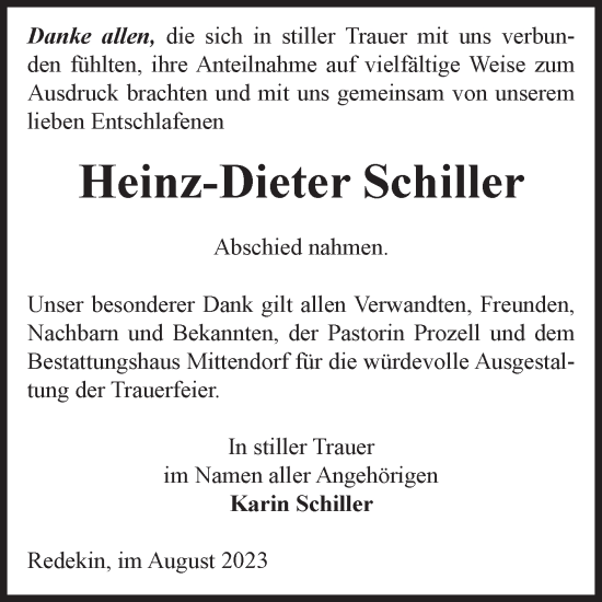 Traueranzeige von Heinz-Dieter Schiller von Volksstimme Burg/Genthin