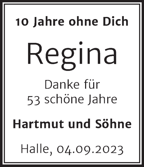 Traueranzeige von Regina  von Mitteldeutsche Zeitung Halle/Saalkreis