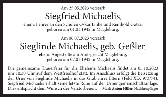Traueranzeige von Siegfried und Sieglinde Michaelis von Volksstimme Magdeburg