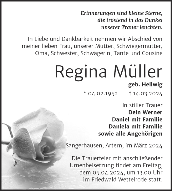 Traueranzeige von Regina Müller von Trauerkombi Sangerhausen