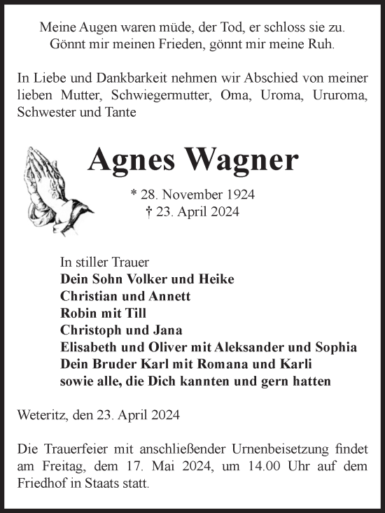 Traueranzeige von Agnes Wagner von Volksstimme Altmark Ost