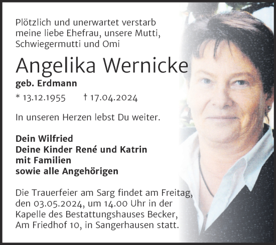 Traueranzeige von Angelika Wernicke von Mitteldeutsche Zeitung Sangerhausen