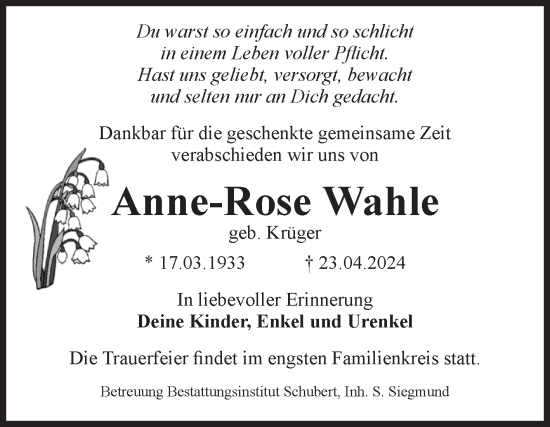 Traueranzeige von Anne-Rose Wahle von Volksstimme Haldensleben/Wolmirstedt