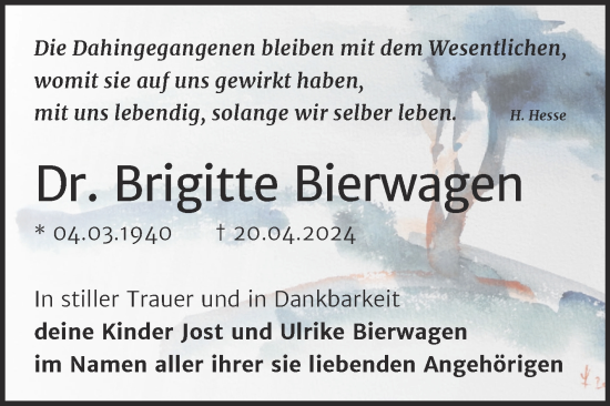 Traueranzeige von Brigitte Bierwagen von Mitteldeutsche Zeitung Halle/Saalkreis