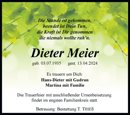 Traueranzeige von Dieter Meier von Trauerkombi Quedlinburg