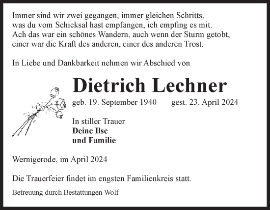 Traueranzeige von Dietrich Lechner von Volksstimme Wernigerode