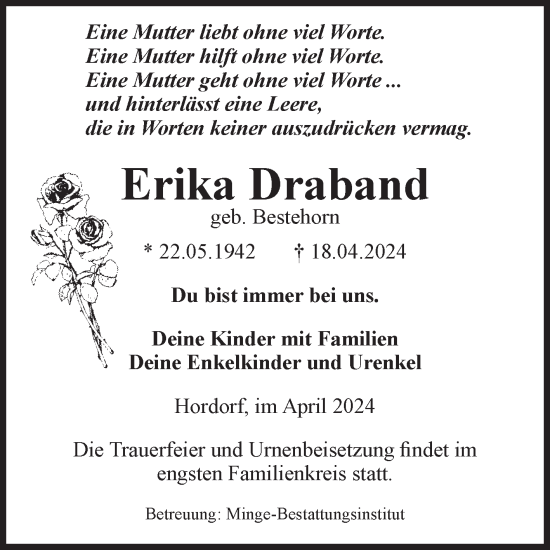 Traueranzeige von Erika Draband von Volksstimme Oschersleben/Wanzleben