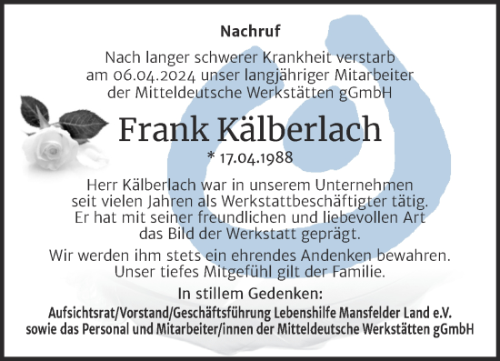 Traueranzeige von Frank Kälberlach von Mitteldeutsche Zeitung Mansfelder Land
