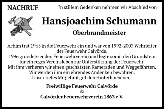 Traueranzeige von Hansjoachim Schumann von Volksstimme Haldensleben/Wolmirstedt