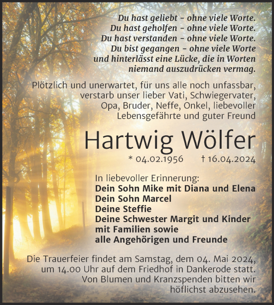 Traueranzeige von Hartwig Wölfer von Trauerkombi Quedlinburg