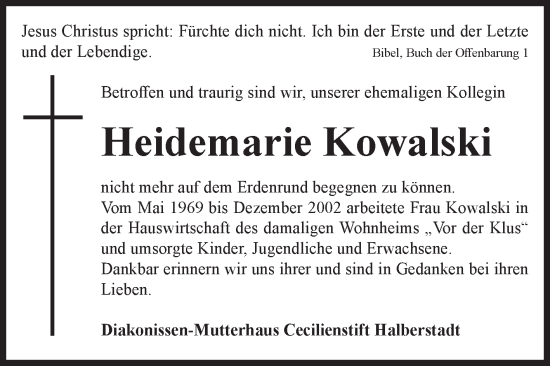 Traueranzeige von Heidemarie Kowalski von Volksstimme Halberstadt