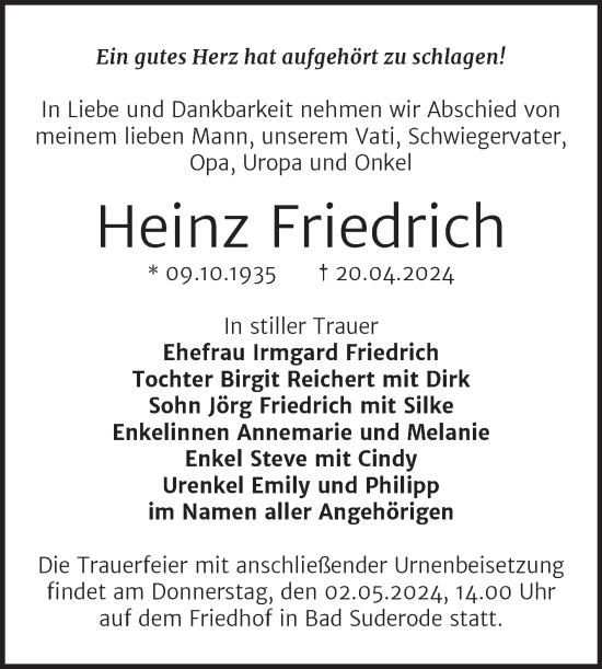 Traueranzeige von Heinz Friedrich von Trauerkombi Quedlinburg