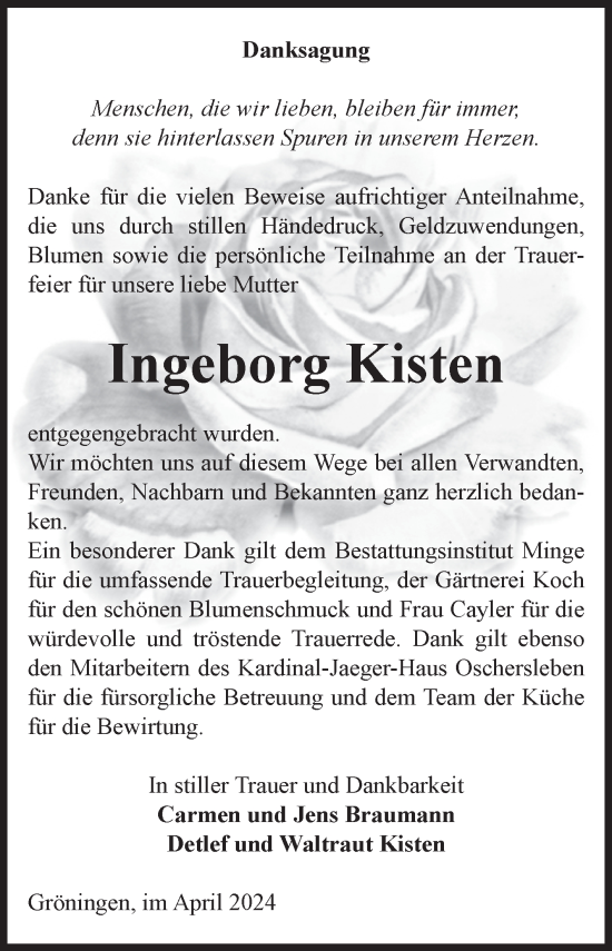 Traueranzeige von Ingeborg Kisten von Volksstimme Oschersleben/Wanzleben