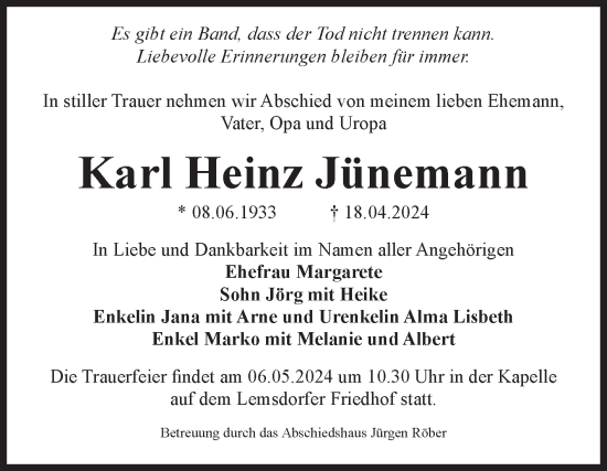 Traueranzeige von Karl Heinz Jünemann von Volksstimme Magdeburg