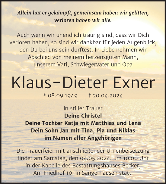 Traueranzeige von Klaus-Dieter Exner von Trauerkombi Sangerhausen