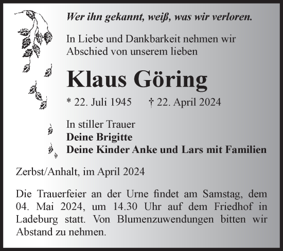 Traueranzeige von Klaus Göring von Volksstimme Zerbst