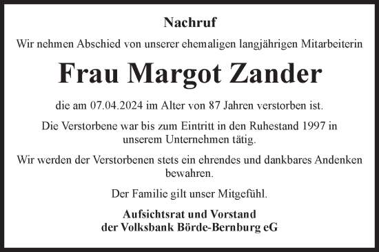 Traueranzeige von Margot Zander von Mitteldeutsche Zeitung Bernburg