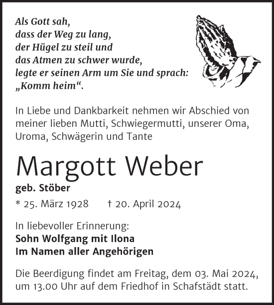 Traueranzeige von Margott Weber von Trauerkombi Merseburg