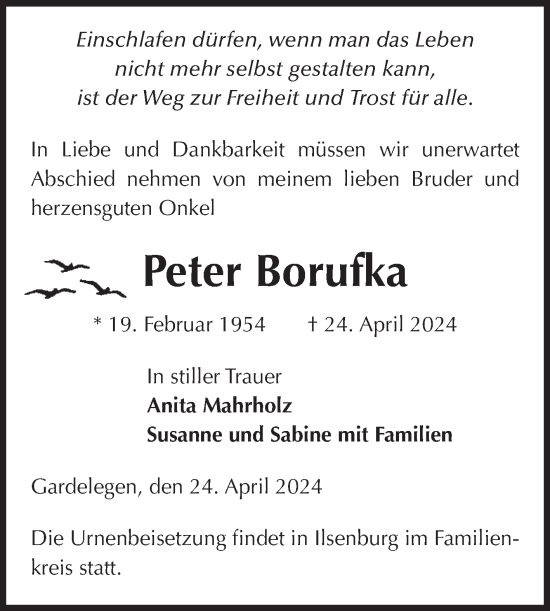 Traueranzeige von Peter Borufka von Volksstimme Altmark West