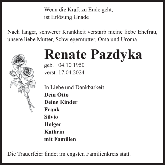 Traueranzeige von Renate Pazdyka von Volksstimme Oschersleben/Wanzleben