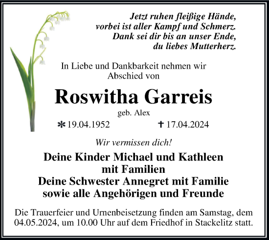 Traueranzeige von Roswitha Garreis von Trauerkombi Wittenberg