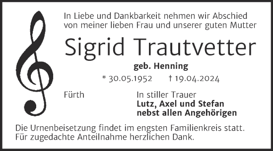 Traueranzeige von Sigrid Trautvetter von Mitteldeutsche Zeitung Quedlingburg