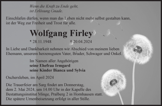 Traueranzeige von Wolfgang Firley von Volksstimme Oschersleben/Wanzleben