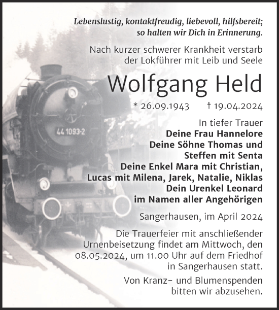 Traueranzeige von Wolfgang Held von Trauerkombi Sangerhausen