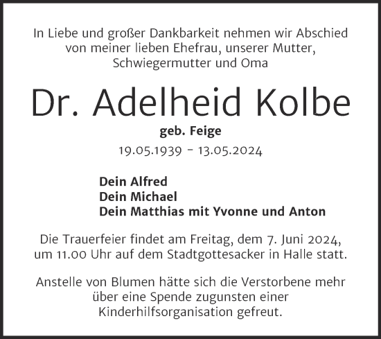 Traueranzeige von Adelheid Kolbe von Mitteldeutsche Zeitung Halle/Saalkreis