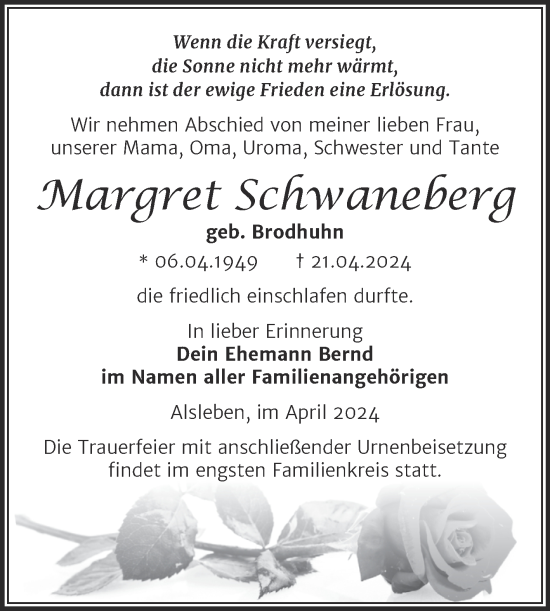 Traueranzeige von Alargret Schwaneberg von Trauerkombi Bernburg
