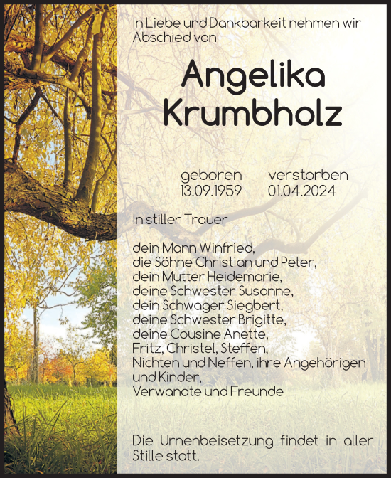 Traueranzeige von Angelika Krumbholz von Volksstimme Wernigerode