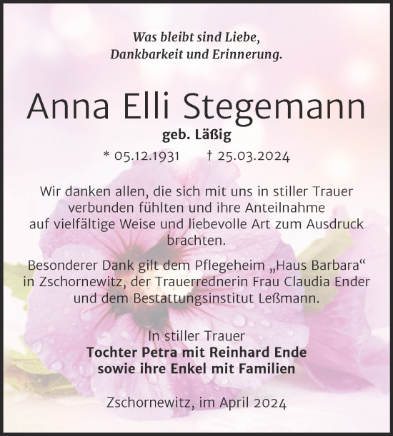 Traueranzeige von Anna Elli Stegemann von Trauerkombi Wittenberg