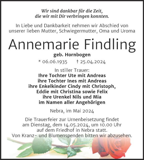 Traueranzeige von Annemarie Findling von Naumburger Tageblatt