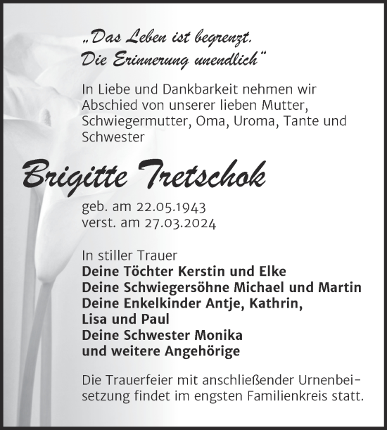 Traueranzeige von Brigitte Tretschok von Mitteldeutsche Zeitung Halle/Saalkreis