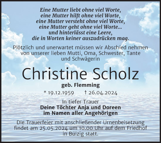 Traueranzeige von Christine Scholz von Trauerkombi Wittenberg