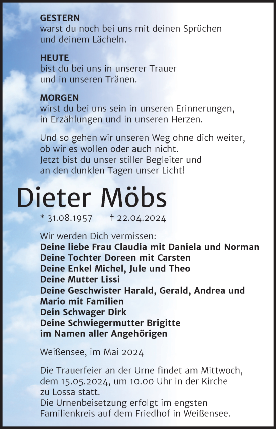 Traueranzeige von Dieter Möbs von Super Sonntag Naumburg/Nebra
