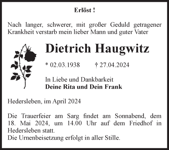 Traueranzeige von Dietrich Haugwitz von Super Sonntag Quedlingburg