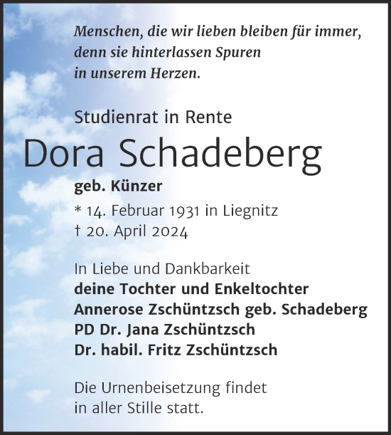 Traueranzeige von Dora Schadeberg von Mitteldeutsche Zeitung Halle/Saalkreis