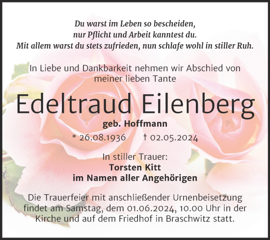 Traueranzeige von Edeltraud Eilenberg von Mitteldeutsche Zeitung Halle/Saalkreis