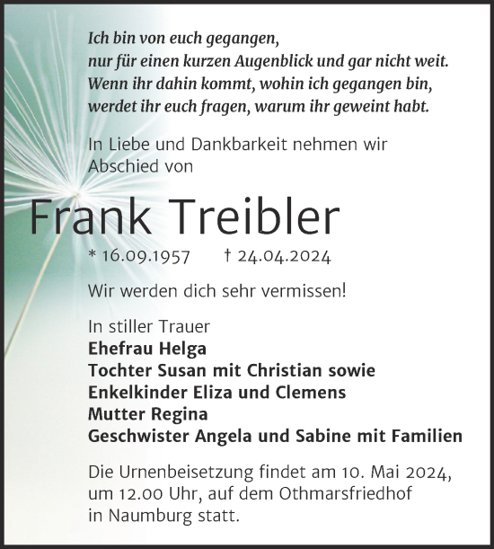 Traueranzeige von Frank Treibler von Super Sonntag Naumburg/Nebra