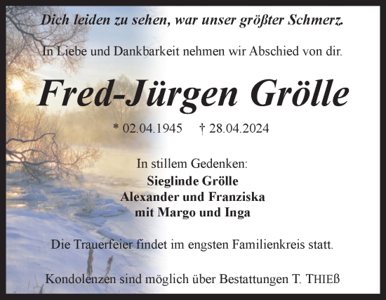 Traueranzeige von Fred-Jürgen Grölle von Trauerkombi Quedlinburg