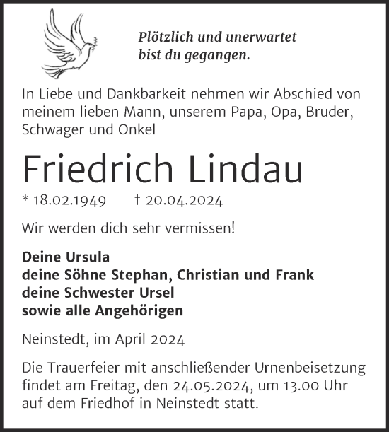 Traueranzeige von Friedrich Lindau von Trauerkombi Quedlinburg