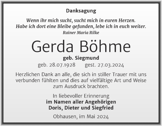 Traueranzeige von Gerda Böhme von Trauerkombi Merseburg