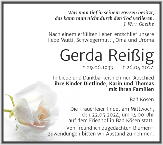 Traueranzeige von Gerda Reißig von Naumburger Tageblatt