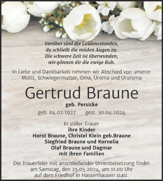 Traueranzeige von Gertrud Braune von Super Sonntag Naumburg/Nebra