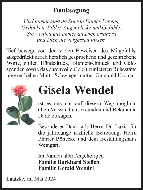 Traueranzeige von Gisela Wendel von Volksstimme Altmark West