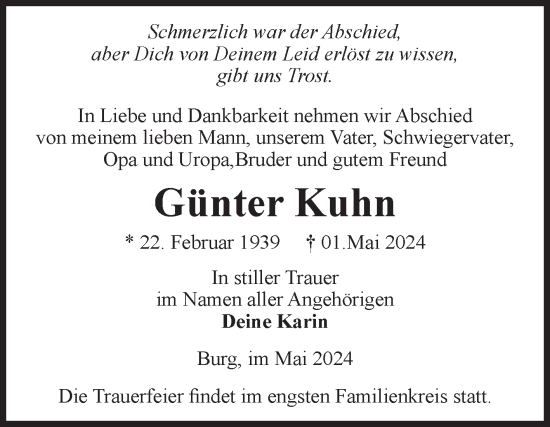 Traueranzeige von Günter Kuhn von Volksstimme Burg/Genthin