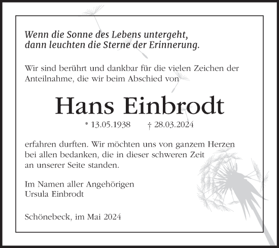 Traueranzeige von Hans Einbrodt von Volksstimme Schönebeck