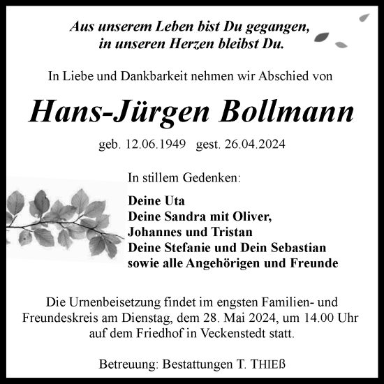 Traueranzeige von Hans-Jürgen Bollmann von Volksstimme Wernigerode